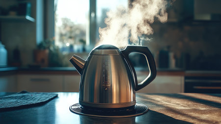 A sleek stainless steel kettle emits steam on a sunlit kitchen countertop, creating a warm atmosphere perfect for brewing beverages and enjoying moments at home.の素材