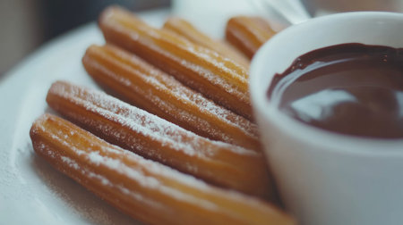Close-up of crispy churros with a light dusting of sugar, served with rich chocolate dipping sauceの素材