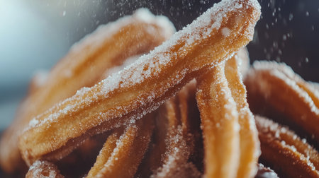 Close-up of crispy churros with a light dusting of sugar, served with rich chocolate dipping sauceの素材