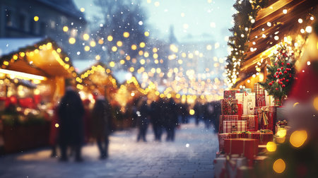 Christmas market scene with people browsing festive gifts, with room for text on a soft, blurred background.の素材