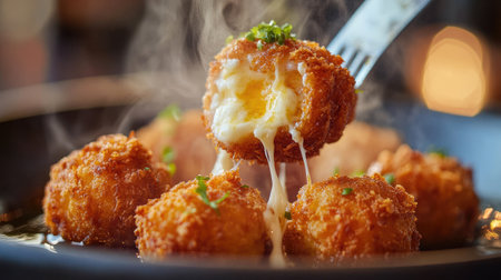 Close-up of crispy deep-fried mozzarella sticks with a gooey cheese center, perfect for snackingの素材