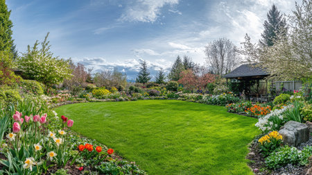 Gorgeous spring garden showcasing a variety of vivid flowers on a pristine green lawn, framed by lush trees and a serene sky, creating an inviting outdoor sanctuary.の素材