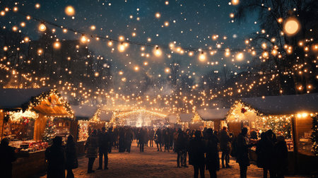 Nighttime festival with people celebrating under Christmas lights, with an open area for text on the starry sky.の素材