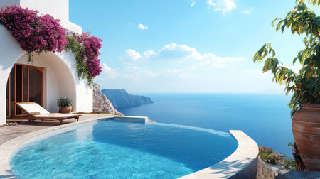 Experience the tranquility of this luxurious villa featuring an infinity pool overlooking the ocean and vibrant bougainvillea, perfect for vacation planning and travel inspiration.の素材