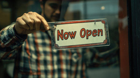 A young man displays a vibrant 'Now Open' sign at the entrance of his shop, embodying excitement and welcoming customers into a fresh business venture.の素材