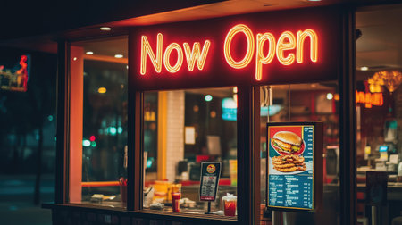 A lively fast food restaurant front illuminated by a captivating neon 'Now Open' sign, showcasing a tempting menu that includes burgers and fries, perfect for nighttime cravings.の素材