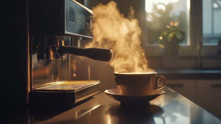 A steaming cup of coffee rests on a countertop next to an espresso machine, capturing a cozy kitchen ambiance with soft morning light and inviting warmth.の素材