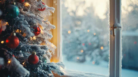 Festive tree in front of a snowy window, adorned with colorful decorations, leaving space for holiday text on the right.の素材