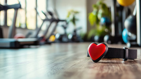 A heart rate monitor featuring a vibrant red heart shape rests on a polished gym floor, symbolizing a commitment to fitness and the importance of tracking health during workouts.の素材