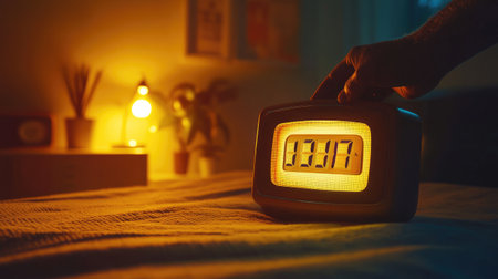 A warm and inviting bedroom scene with a hand adjusting a retro alarm clock displayed at 3:17 AM. Soft lighting enhances the cozy atmosphere and peaceful setting.の素材