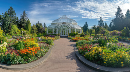 A beautiful view of a vibrant botanical garden showcasing a greenhouse surrounded by colorful flowers and lush greenery beneath a clear blue sky.の素材
