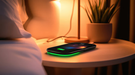 A sleek smartphone is charging wirelessly on a bedside table, accompanied by a warm lamp and a small potted plant, reflecting a cozy and modern nighttime environment.の素材