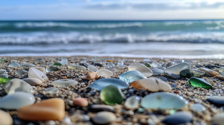 Close-up of a variety of sea glass pieces scattered across the beach, with the Pacific Ocean's blue waters gently touching the shore. No people included.の素材