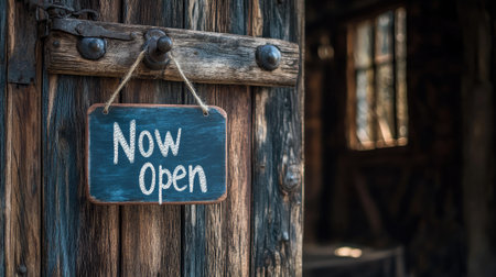 A charming wooden door showcases a weathered "Now Open" sign, inviting visitors to enjoy the cozy atmosphere of a unique and rustic space inside. Perfect for cozy scenes.の素材