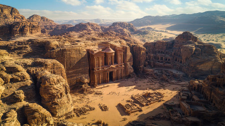 Aerial view of Petra ancient city, with temples and tombs carved into the rugged mountainside, surrounded by the Jordanian desert. No people included.の素材