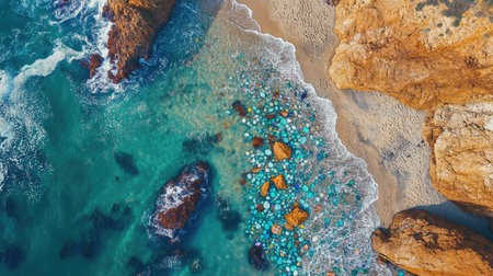 Aerial view of Glass Beach and its multicolored sea glass, with the rugged cliffs of the California coastline in the background. No people included.の素材