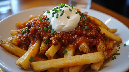 Close-up of a plate of greasy, cheesy fries with chili, sour cream, and chivesの素材