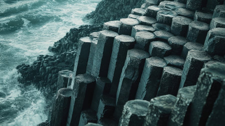Close-up of the iconic Giant's Causeway rock formations, showcasing the geometric basalt columns against the rugged coastline. No people included.の素材