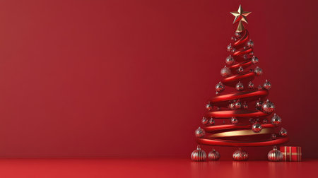 Traditional Christmas tree in a red and gold theme, with copy space available on the right side for festive greetings.の素材