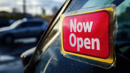 A vibrant "Now Open" sign is affixed to a car window, inviting customers to explore a nearby business on a sunny day, emphasizing accessibility and welcoming atmosphere.の素材