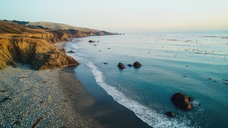Aerial shot of the coastline at Glass Beach, California, where polished sea glass fragments mix with natural stones along the shore. No people included.の素材
