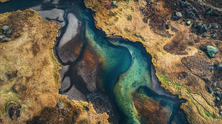 Aerial view of the winding streams feeding into the Fairy Pools, nestled among the rocky terrain of the Isle of Skye. No people included.の素材