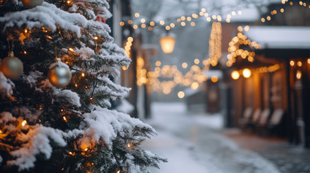 Snowy outdoor Christmas festival scene, with a decorated tree and string lights, leaving space for a cheerful message.の素材