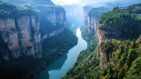 A peaceful river winding through the valley under the Three Natural Bridges in China, surrounded by steep, forested cliffs. No people included.の素材