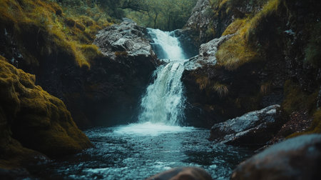 A cascading waterfall feeding into a pristine Fairy Pool, framed by moss-covered rocks and wild Scottish nature. No people included.の素材