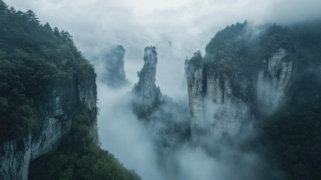 Misty morning view of the Three Natural Bridges, China, with fog partially obscuring the cliffs and creating a mysterious ambiance. No people included.の素材