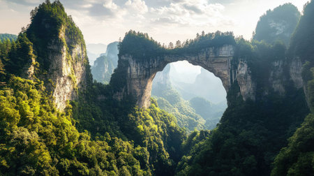 Scenic landscape of the Three Natural Bridges, China, with dramatic rock formations and dense forest covering the valley floor. No people included.の素材