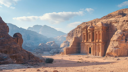 Majestic ruins of Petras Monastery, seen from a distance, surrounded by rocky mountains and desert plains. No people included.の素材