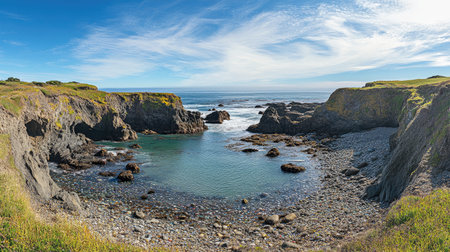 Panoramic view of Glass Beachs unique coastal landscape, with colorful sea glass, rocky cliffs, and the Pacific Ocean. No people included.の素材