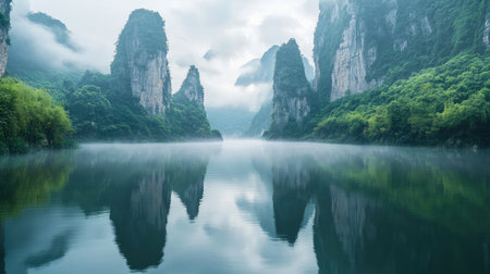 Early morning view of the Three Natural Bridges, China, with fog drifting through the valleys and a serene river reflecting the cliffs. No people included.の素材