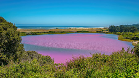 Hiller Lake's vivid pink waters framed by lush greenery and the azure blue of the nearby ocean, under clear skies. No people included.の素材