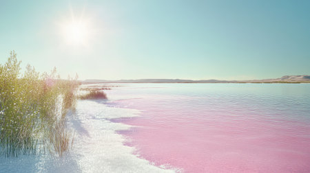 Hiller Lake pink waters shining in the sunlight, bordered by white salt flats and green vegetation, under a clear sky. No people included.の素材