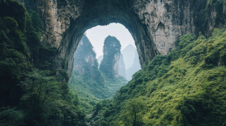 Majestic view of the Three Natural Bridges in Wulong, China, showcasing the towering limestone arches amidst lush green mountains. No people included.の素材
