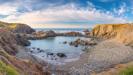 Panoramic view of Glass Beachs unique coastal landscape, with colorful sea glass, rocky cliffs, and the Pacific Ocean. No people included.の素材