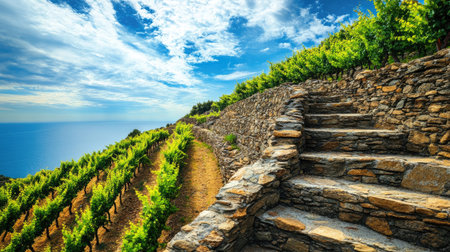 Scenic view of the terraced vineyards of Cinque Terre, Italy, with stone walls and the Mediterranean in the background. No people included.の素材