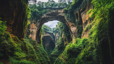 Panoramic view of the Three Natural Bridges, showcasing the deep gorge and lush greenery, with natural arches towering above. No people included.の素材