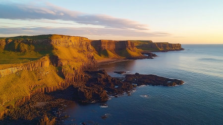Panoramic view of the Giant's Causeway at sunrise, with the warm light casting shadows over the basalt columns and cliffs. No people included.の素材