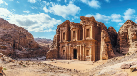 Panoramic shot of Petras Monastery, towering over the desert landscape with intricate stone carvings. No people included.の素材