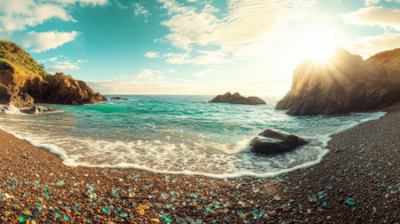 Panoramic view of Glass Beach's unique shoreline, with colorful sea glass pebbles glittering in the sunlight and the ocean beyond. No people included.の素材