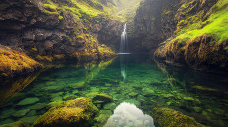 The Fairy Pools in the Scottish Highlands, surrounded by mossy rocks, with clear water reflecting the natural beauty. No people included.の素材