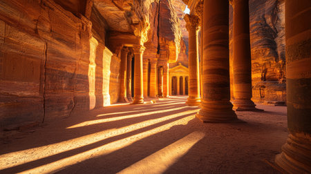Golden hour at Petra Treasury, with sunlight casting long shadows on the red sandstone carvings. No people included.の素材