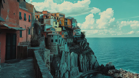 The iconic cliffside homes of Manarola, Cinque Terre, with pastel hues and a backdrop of the deep blue Mediterranean. No people included.の素材