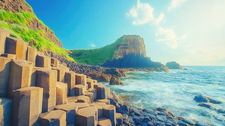 Scenic view of the Giant's Causeway, with its iconic stone pillars and rugged coastal scenery under a bright blue sky. No people included.の素材