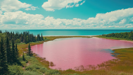 Wide shot of Hiller Lake's pink waters blending with the green forest and turquoise ocean in the distance. No people included.の素材