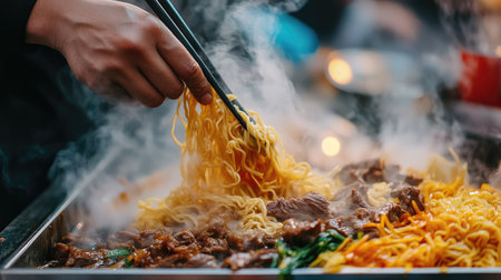 A close-up of Chinese hand-pulled noodles (lamian) served with braised beef, fresh from a street vendor, showcasing the noodles' soft, chewy texture.の素材