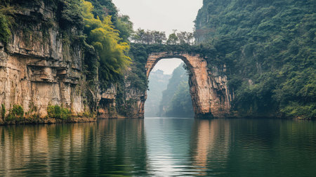Tranquil image of the river flowing beneath one of the Three Natural Bridges in China, framed by steep cliffs and forested hills. No people included.の素材